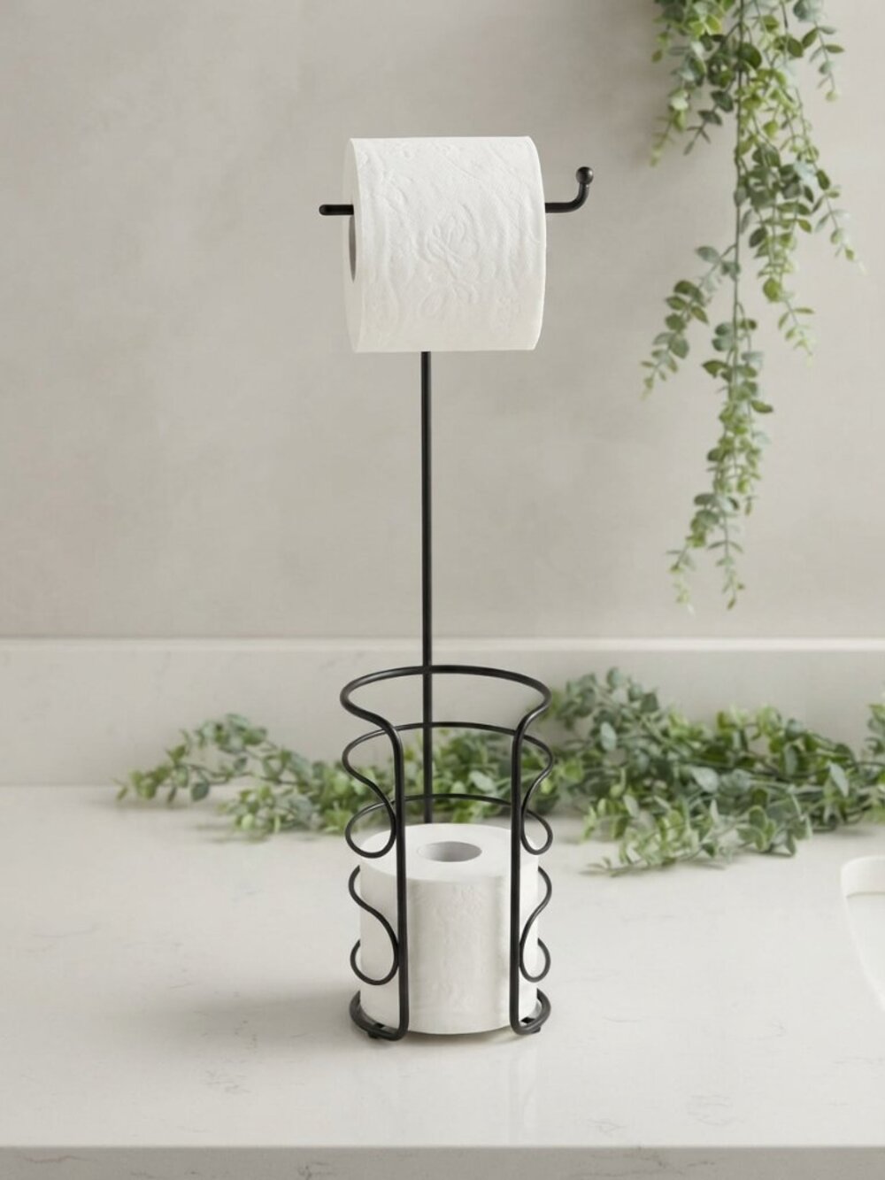 Black Metal Toilet Paper Holder Stand & Reserve Dispenser Free Standing Storage